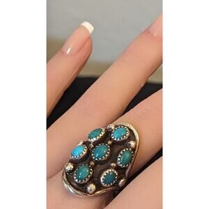 Navajo .925 Silver Natural Blue Turquoise Signed L. Henderson c.80s Ring Sz 7.25